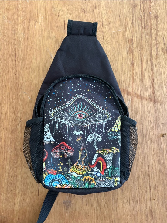Handbags - Mystic Mushroom Graphic Sling Backpack - Black with Multicolor Print